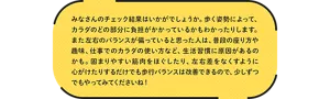 みなさんのチェック結果はいかがでしょうか。歩く姿勢によって、カラダのどの部分に負担がかかっているかもわかったりします。また左右のバランスが偏っていると思った人は、普段の座り方や趣味、仕事でのカラダの使い方など、生活習慣に原因があるのかも。固まりやすい筋肉をほぐしたり、左右差をなくすように心がけたりするだけでも歩行バランスは改善できるので、少しずつでもやってみてくださいね! 花王株式会社 パーソナルヘルスケア研究所 須藤 元喜