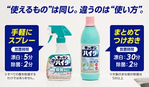 “使えるもの”は同じ。違うのは“使い方”。キッチン泡ハイター:手軽にスプレー 放置時間 漂白5分、除菌2分(※すべての菌を除菌するわけではありません。 )/キッチンハイター:まとめてつけおき 放置時間 漂白30分、除菌2分(※木製のまな板の除菌は5分以上)