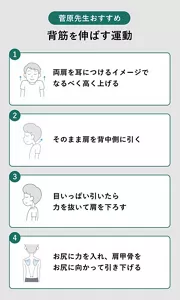 菅原先生おすすめ「背筋を伸ばす運動」の説明画像。両肩を耳につけるイメージでなるべく高く上げる / そのまま肩を背中側に引く / 目いっぱい引いたら力を抜いて肩を下ろす / お尻に力を入れ、肩甲骨をお尻に向かって引き下げる