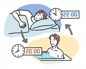 20時に入浴して22時に就寝する男性のイラストイメージ