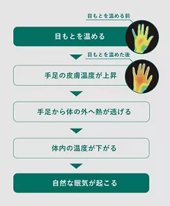「目もとを温めると自然な眠気が起こる」の説明画像。目もとを温める(目もとを温める前の手のひらのサーモグラフィ画像/広範囲で黄色)→手足の皮膚温度が上昇(目もとを温めた後の手のひらのサーモグラフィ画像/広範囲でオレンジ色)→手足から体の外へ熱が逃げる→体内の温度が下がる→自然な眠気が起こる