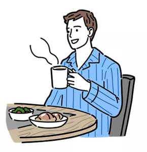 朝食の時間にパジャマ姿でコーヒーを飲んでいる男性のイラストイメージ
