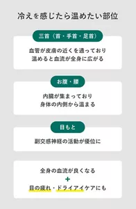 「冷えを感じたら温めたい部位」の説明画像。三首(首・手首・足首):血管が皮膚の近くを通っており温めると血流が全身に広がる / お腹・腰:内臓が集まっており身体の内側から温まる / 目もと:副交感神経の活動が優位に / 全身の血流が良くなる+目の疲れ・ドライアイケアにも