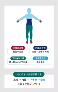 「冷え性のおもな種類」の説明画像。末端冷え性:指先や足先 / 内臓冷え性:お腹・身体の内側 / 下半身冷え性:腰~脚などの下半身 / 全身冷え性:身体全体 / 冷えやすい生活が続くと末端→内臓→下半身→全身※冷えが広がっていく