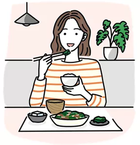 栄養バランスを意識して食事をしている女性のイラストイメージ