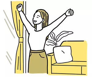 朝日を浴びながら背伸びをしている女性のイラストイメージ
