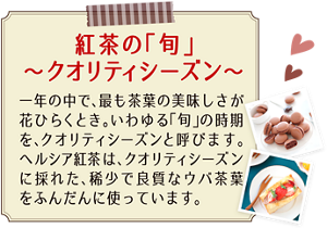 紅茶の「旬」〜クオリティシーズン〜 一年の中で、最も茶葉の美味しさが花ひらくとき。いわゆる「旬」の時期を、クオリティシーズンと呼びます。ヘルシア紅茶はクオリティシーズンに採れた、稀少で良質なウバ茶葉をふんだんに使っています。