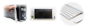 電子レンジ、テレビ、キーボードとマウスの写真