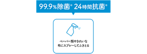99.9%除菌※ 24時間抗菌※ ペーパー類やきれいな布にスプレーしてふきとる