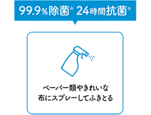 99.9%除菌※ 24時間抗菌※ ペーパー類やきれいな布にスプレーしてふきとる
