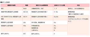ベセスダ分類に於ける、扁平上皮細胞の細胞診の結果と略語、推定される病理診断と従来のクラス分類および対応に関する表。