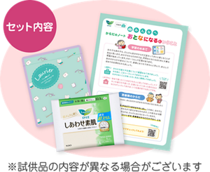 児童用の配布セットの試供品ナプキンセット&リーフレットのイメージ。