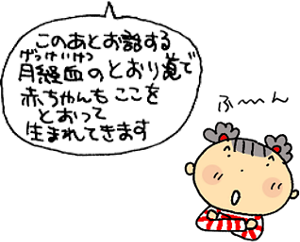 このあとお話する月経血(げっけいけつ)のとおり道で赤ちゃんもここをとおって生まれてきますとの吹き出し。