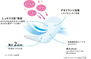 きれいスタイル極上W吸収のシートのイメージ。 特長1、吸収量はきれいスタイル無香料の3倍。おりものも水分もさっと吸収。さらさら感ずーっと続く。 特長2、デオドラント効果でニオイをスッキリ消臭。 特長3、薄さ2mm。快適なつけ心地。 特徴4、全面通気性シートでムレにくい。