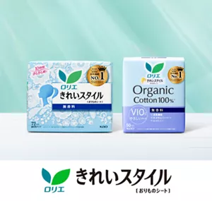 ロリエのおりものシート、きれいスタイルの商品ビジュアル。薄い緑色の空間に商品が佇んでいる。