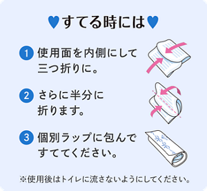 捨て方1.使用面を内側にして三つ折りに。 2.さらに半分に折ります。 3.個別ラップに包んですててください。(※使用後はトイレに流さないようにしてください。)