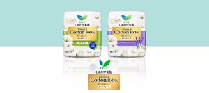 ロリエしあわせ素肌おりものシート Botanical Cotton100%の商品ビジュアル。薄い緑色の空間に商品が並んでいる。