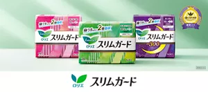 ロリエの生理用ナプキン、スリムガードの商品ビジュアル。淡い緑色の空間、光の筋とともに商品が並んでいる。