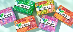 ロリエのスリムガード、数量限定のネイチャーフォトデザインの商品ビジュアル。薄い緑色の背景に、4種のパッケージが並んでいる。