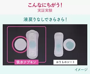 こんなにちがう!実証実験。 吸水パッドとおりものシートでの液戻りの比較イメージ。吸水パッドのほうが液戻りしにくい。