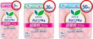 吸水ナプキンのパッケージには5cc、30cc、50ccといった吸水量の表示があります。