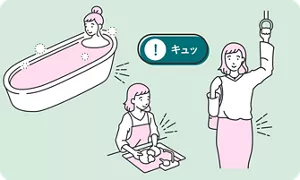 通勤途中、入浴中、家事の合間に骨盤底筋トレーニングをするイメージ。