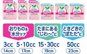 ロリエさらピュア吸水超吸収スリムのラインナップ一覧。おりもの&水分ケアは3cc(14cm)、5ccや10cc(17cm)、たまにある“じわ~”には15ccや30cc(19cm)、ときどきの“ぽたた”には50cc(23cm)。