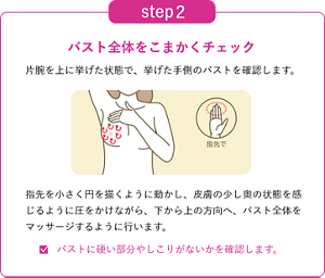 step2 バスト全体をこまかくチェックするイメージ。片腕を上に挙げた状態で、挙げた手側のバストを確認します。 指先を小さく円を描くように動かし、皮膚の少し奥の状態を感じるように圧をかけながら、下から上の方向へ、バスト全体をマッサージするように行います。バストに硬い部分やしこりがないかを確認します。