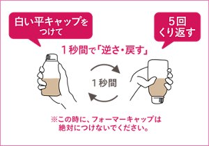 白い平キャップをつけて1秒間で「逆さ・戻す」を5回くり返す ※この時に、フォーマーキャップは絶対につけないでください。