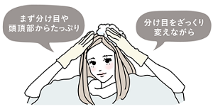 まず分け目や頭頂部からたっぷり分目をざっくり変えながら