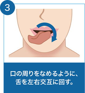 ③口の周りをなめるように、舌を左右交互に回す。