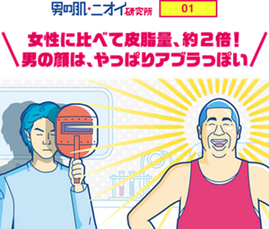 男の肌・ニオイ研究所01 女性に比べて皮脂量、約2倍!男の顔は、やっぱりアブラっぽい