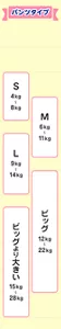 パンツタイプのサイズのめやすは、Sは4キロから8キロ。Mは6キロから11キロ。Lは9キロから14キロ。ビッグは12キロから22キロ。ビッグより大きいは15キロから28キロ。