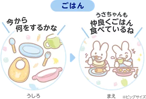 ごはん※ビッグサイズ うしろ「今から何をするかな」まえ「うさちゃんも仲良くごはん食べているね」
