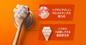 ハグキにやさしいやわらかタッチの弾力毛/ハグキに7点押しできる高密度毛束