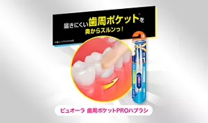 届きにくい歯周ポケット(※)を奥からスルンっ!(※歯とハグキのすき間) ピュオーラ 歯周ポケットPROハブラシ