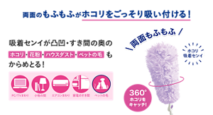 両面のもふもふがホコリをごっそり吸い付ける! 吸着センイが凹凸・すき間の奥のホコリ・花粉・ハウスダスト・ペットの毛もからめとる! PC/TVまわり 小物の間 エアコンまわり 家電のすき間 ペットの毛 両面もふもふ ホコリ吸着センイ 360°ホコリをキャッチ!