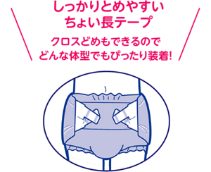 しっかりとめやすい ちょい長テープ クロスどめもできるのでどんな体型でもぴったり装着!