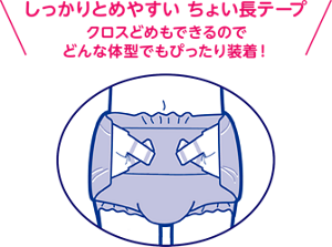 しっかりとめやすい ちょい長テープ クロスどめもできるのでどんな体型でもぴったり装着!