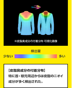 ※皮脂の付着分布 可視化画像 【皮脂臭成分の付着分布】特に首・襟元周辺からは皮脂のニオイ成分が多く検出された。