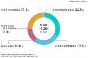 饼图显示销售额及各事业部门的构成。截至2024年12月财年的销售额为1兆6,284亿日元。其中,卫生与生活护理事业占比33.5%,健康与美容护理事业占比26.0%,化妆品事业占比15.0%,商业及合作模式拓展事业占比2.4%,化学品事业占比23.1%。销售额占比基于面向外部客户的销售额计算。截至2024年12月财年的合并业绩按新事业分部重新编制和呈现。