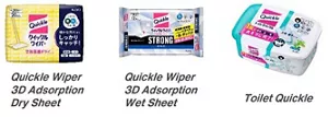 Photographs of sheet products in the Quickle brand・Quickle Wiper 3D Adsorption Dry・Quickle Wiper 3D Adsorption Wet・Toilet Quickle
