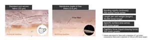 When compared to fibers with a diameter of 100 µm, fibers with a diameter of 1 µm have a specific surface area 100 times larger, a capillary force 100 times greater, and are 100 million times softer. This means membranes made of these ultrafine fibers have completely different physical properties.