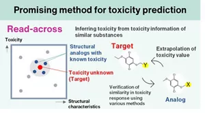 This is a figure explaining the representative toxicity prediction method known as read-across. When toxicity is unknown for a substance, if toxicity information is known for substances with similar chemical structures, toxicity can be inferred without conducting animal experiments by extrapolating known toxicity values.