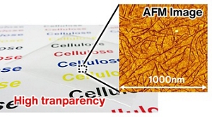 Appearance photograph of the hydrophobic resin / cellulose nanofiber composite material and atomic force microscope (AFM) observation image. While maintaining high transparency, the AFM observation confirms that fine cellulose nanofibers form a dense nanonetwork within the resin.