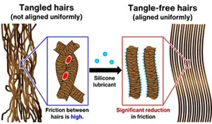 Schematic diagram of tangled hairs and tangle-free hairs. Friction between tangled hairs is high. When the silicone lubricant is used to untangle the strands, friction between them can be significantly reduced.