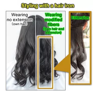 A person is wearing a hair extension made of the modified fibers. When the hair extension was curled with a hair iron, it curled beautifully, just like human hair.