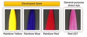 Comparison of hair dyeability between Rainbow Dyes and a general-purpose direct dye. The Rainbow Dyes dye hair more vivid colors than the general-purpose direct dye.