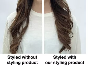 Photo shows the effect of our styling product.  Left side hair is loose curl without test product. Right side hair is smooth curl using the test product with our thermoplastic polymer.
