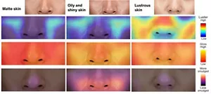 Figure: Results from analyzing three types of skin condition by Kirei Skin AI: matte skin, oily and shiny skin, and lustrous skin. The matte skin is low in luster, gloss, and degree of smudge; the oily and shiny skin is low in luster and high in gloss and degree of smudging; and the lustrous skin is high in luster and gloss and low in degree of smudging.